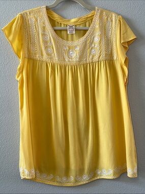 Faded Glory Yellow Embroidered Cap-Sleeve Blouse